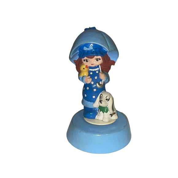 Vintage Girl Under Umbrella Blue Outfit Ceramic Music Box Girl Dog Duck RARE - Picture 3 of 15